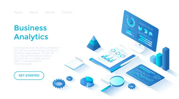 Vector illustration of Business analytics, data analysis, finance report. Documents, monitor, tablet with graphs and charts. Isometric illustration. Landing page template for web on white background.