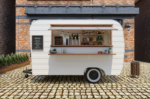 Food Truck Van With Open Window And Takeaway Food And Drinks