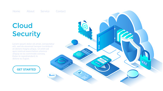 Cloud Security and Data Protection. Online safety, confidentiality of information. Cloud storage, password, lock. Isometric illustration. Landing page template for web on white background.