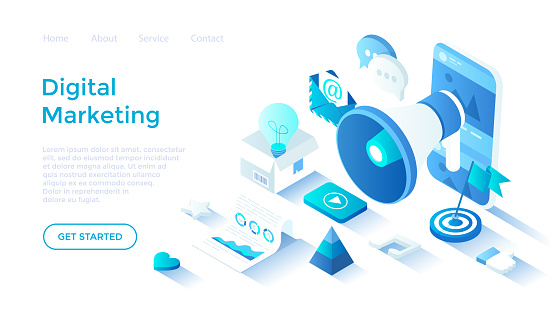 Digital Marketing, social network and media communication. Analysis, targeting, management. Isometric illustration. Landing page template for web on white background.