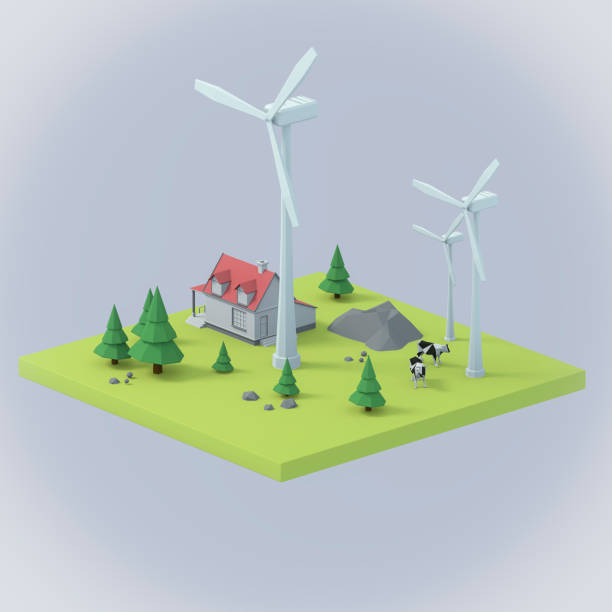 Low poly wind turbine on a flying island. Green energy concept isolated on bright background