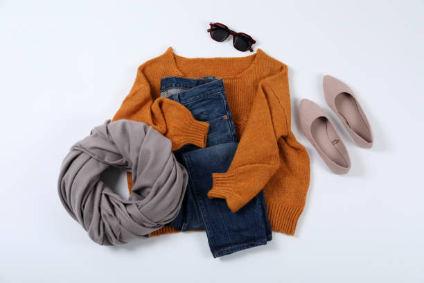 istock Autumn style clothes on white background, top view 1495176319