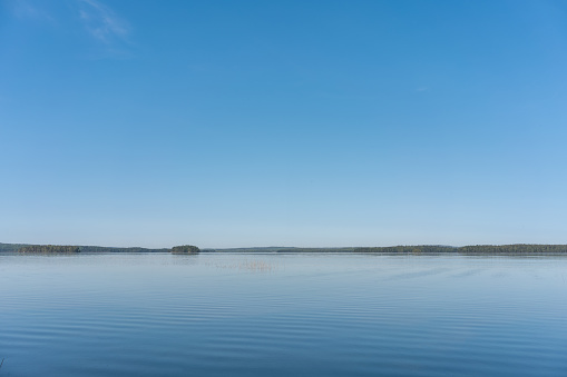 Calm summer lake in finland with clear blue sky, copy space.