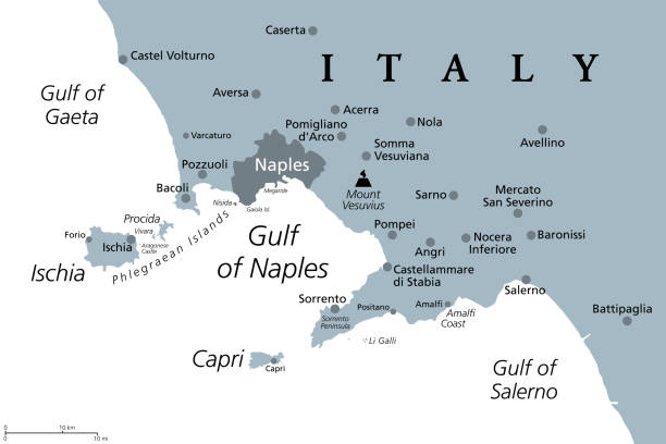 неаполитанский залив, искья, капри и везувий, италия, серая политическая карта - napoli stock illustrations