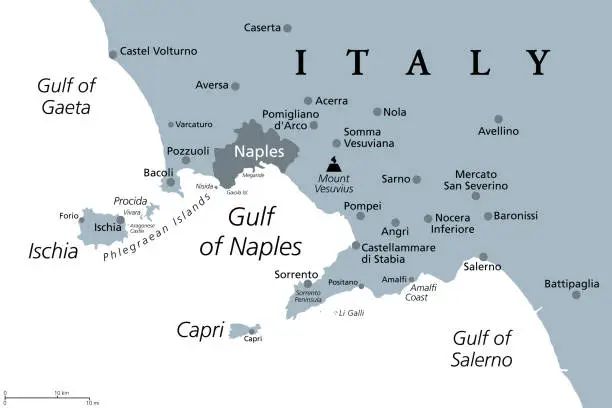 Vector illustration of Gulf of Naples, Ischia, Capri and Mount Vesuvius, Italy, gray political map