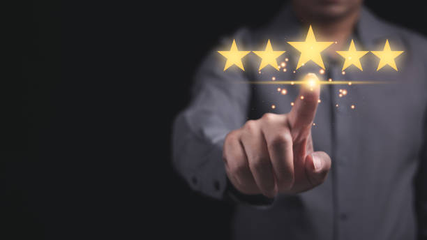 istock Close up man hand give 5 star satisfaction by pressing on virtual screen 1495177843