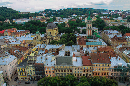 top view on the roofs of the old city of Lviv. Western Ukraine