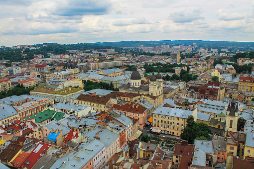 top view on the roofs of the old city of Lviv. Western Ukraine