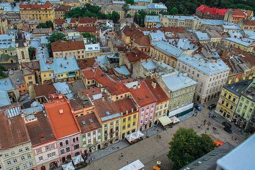 top view on the roofs of the old city of Lviv. Western Ukraine