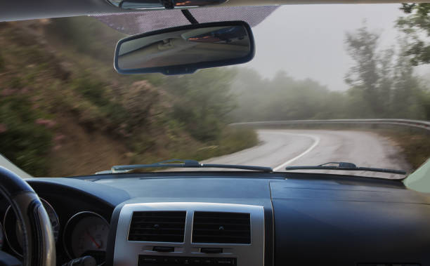 istock View from the car on a wet winding road 1495179281