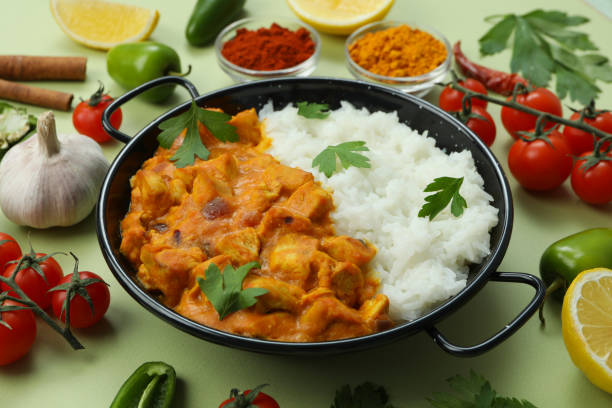 istock Chicken tikka with ingredients on green background 1495179377