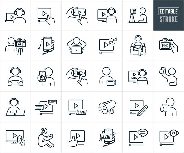 онлайн-запись видео, редактирование и обмен тонкими линейными значками - редактируемый штрих - home video camera camera digital camera digital video camera stock illustrations