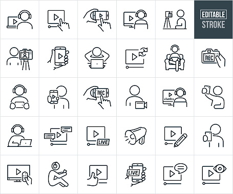 A set of online video recording, editing and sharing icons that include editable strokes or outlines using the EPS vector file. The icons include a person wearing headphones watching a video on a laptop, hand cursor pushing the play button on a video playhead, person holding out a smartphone with a video playhead on the screen, hands holding a smartphone with video on screen, person with a video camera to represent shooting video, hand holding a mobile device with video on the screen, person relaxing with hands behind head watching video on his laptop, influencer making recording themselves on video, video repeat, person sitting in an armchair wearing headphones and watching a video on his tablet PC, person wearing headphones watching a video on smartphone, hands holding and using a smartphone to record video, hands holding camera while recording video, video editing, live video, person editing their video to put online, megaphone, person recording himself to create a video to stream online, online streaming video playhead, person watching movies on laptop, live web streaming, DSLR camera being used to record video for posting online, television set with video, person sitting on ground watching video on mobile device, person sitting at desktop computer with headphones on watching a movie and a person recording a video of themselves to post online.