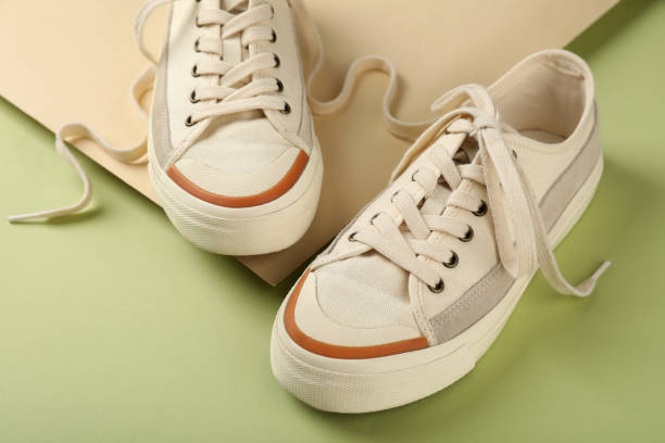 istock Pair of beige sneakers on two tone background 1495183780