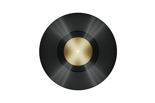 Vinyl record over white background. Horizontal composition with copy space. Vintage music concept.