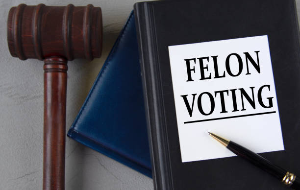 istock FELON VOTING - words on a white sheet with leather notebooks, a judge's hammer and a pen 1495184668