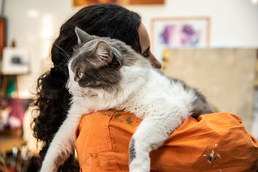 Woman carrying cat on her shoulders at home