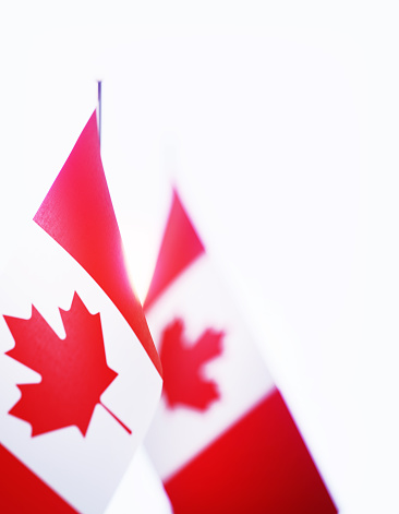 Canadian flag pair over white background. Horizontal composition with copy space. Front view.