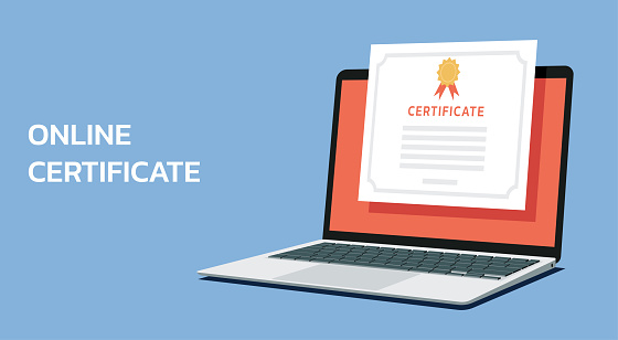 Certificate on laptop computer screen for e-learning course, webinar and online education concept, vector flat illustration design