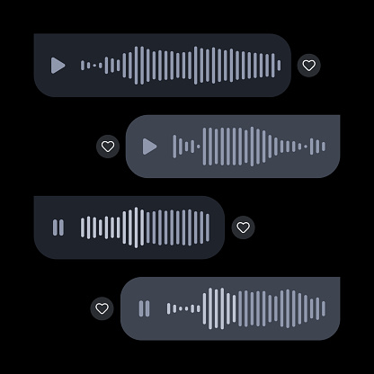 Set voice messages icon with sound wave for social media. Sms template bubbles for compose voice dialogues. Dark interface design. Vector illustration on a white background