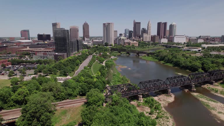 Aerial View Of Scioto River Moving Towards Columbus, Oh Downtown Buildings