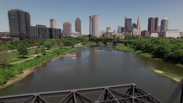 Aerial View Of Scioto River Moving Towards Columbus, Oh Downtown Buildings