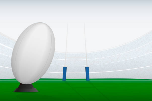 istock Rugby ball on stadium filed and rugby goal posts. 1495190326