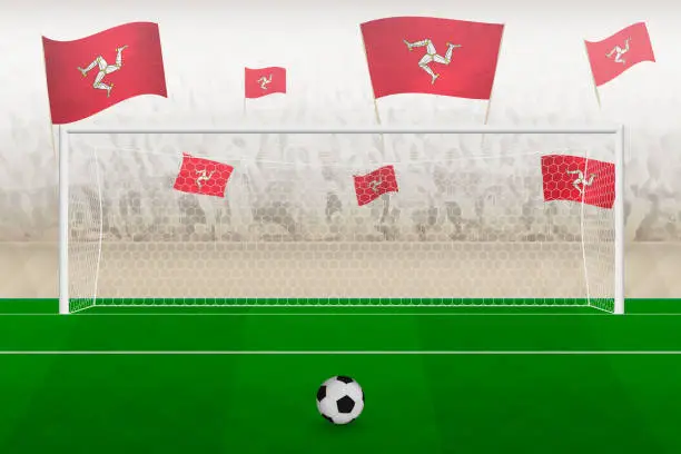 Vector illustration of Isle of Man football team fans with flags of Isle of Man cheering on stadium, penalty kick concept in a soccer match.