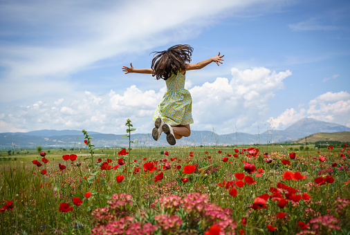 Cute little girl in a colorful dress jumping on a field of flowers in the summer