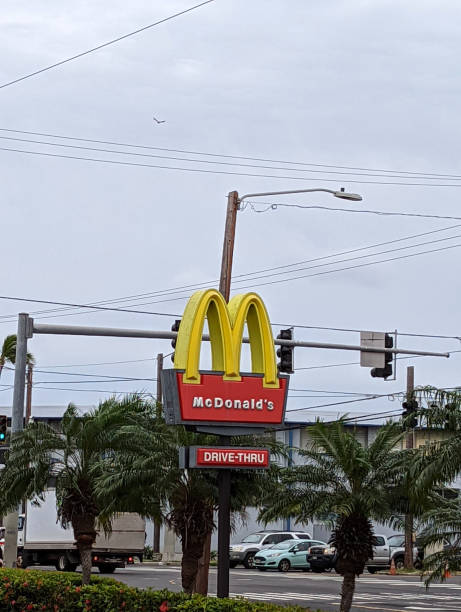 手前にヤシの木があるマクドナルドのドライブスルーサイン - mcdonalds french fries branding sign ストックフォトと画像