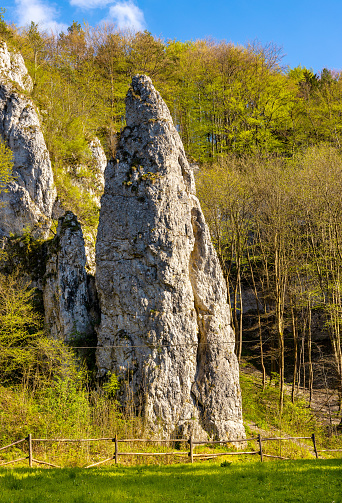 Needle Iglica limestone rock in Bedkowska Valley within Jura Krakowsko-Czestochowska upland near Cracow in Lesser Poland