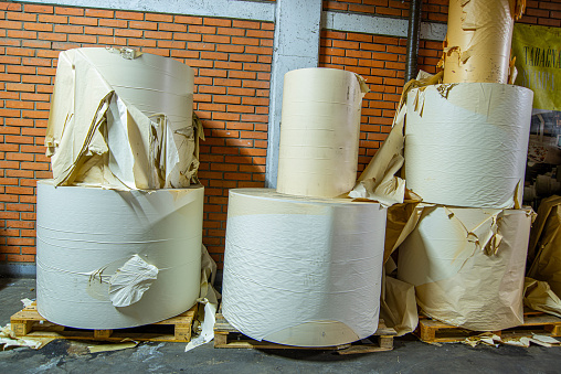 Paper rolls in printing factory ready for printing