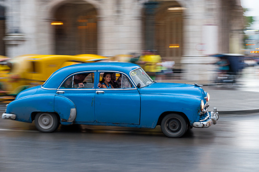 Havana, Cuba - October  21, 2017: Old Style Retro Car in Havana, Cuba. Military Vehicle. Blue Color