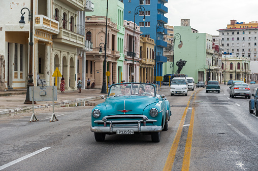 Havana, Cuba - October 21, 2017: Old Car in Havana, Cuba. Retro Vehicle Usually Using As A Taxi For Local People and Tourist. Caribbean Sea in Background.