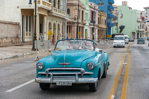 Havana, Cuba - October 21, 2017: Old Car in Havana, Cuba. Retro Vehicle Usually Using As A Taxi For Local People and Tourist. Caribbean Sea in Background.