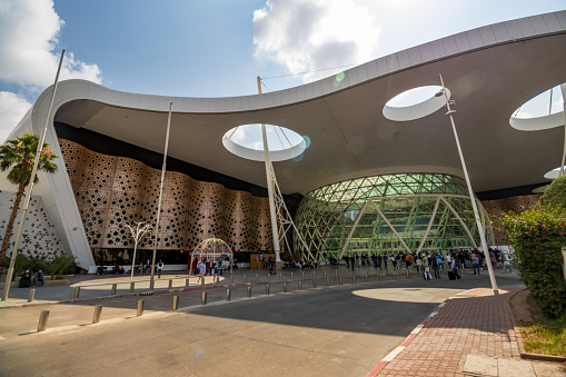 Many people outside the entrance to Marrakesh Menara Airport at Marrakesh-Safi, Morocco