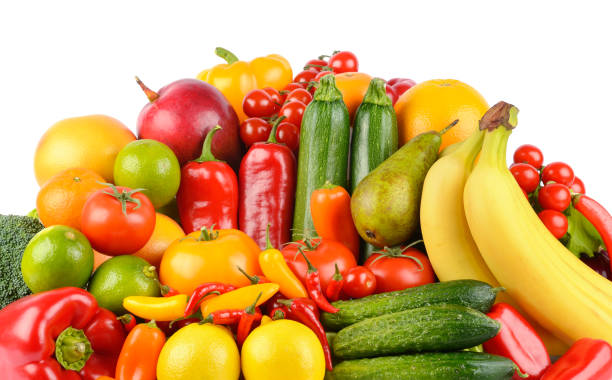 istock Healthy fruits and vegetables isolated on white 1495205216