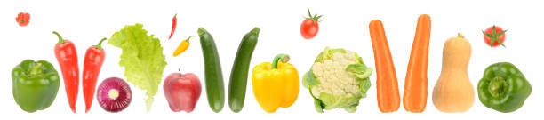 istock Panorama ripe fresh fruits and vegetables isolated on white 1495205237