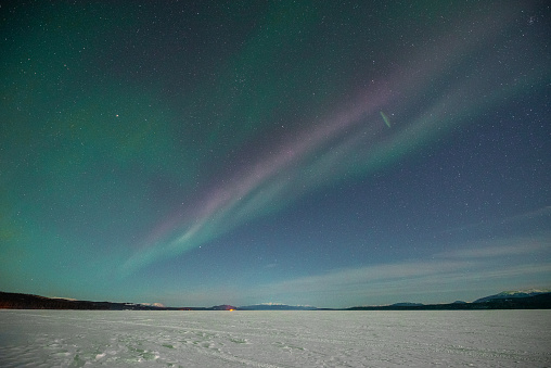 Bright green, purple aurora band northern lights band seen in sky near Alaska with frozen lake covered in snow during winter time. Wilderness, boreal forest of Canada with isolated, sparce landscape.