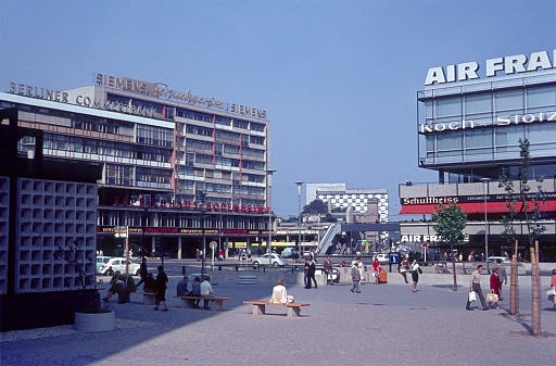 Berlin (West), Germany, 1967. The Breitscheidplatz in Berlin's West City. Also: Berliners, tourists, shops and buildings.