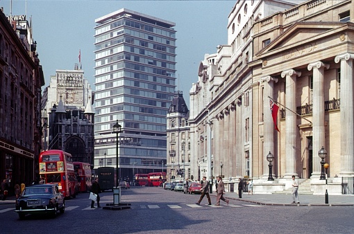 London, England, UK, 1978. Pall Mall Street in the financial district of London, with Canada House on the right. Furthermore: pedestrians and traffic.