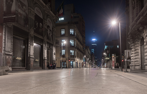 Mexico - October 19, 2017: Mexico City and Empty Night Street in Downtown.