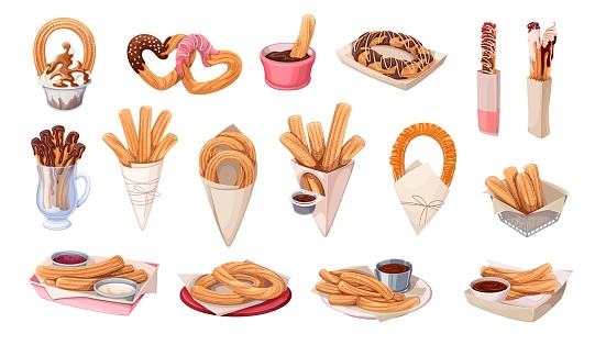 Churros set vector illustration. Cartoon isolated sweet takeaway fast food collection with churro sticks in paper bags and packages with cups of chocolate sauces and dips, fried dessert on plate