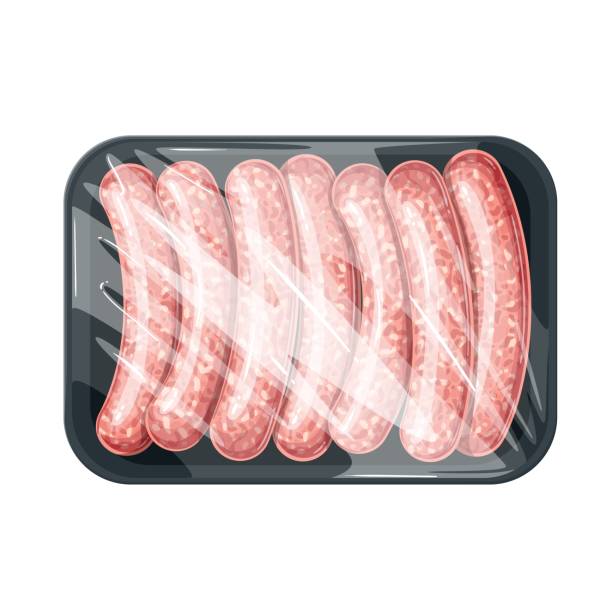 Meat Sausage in Supermarket Styrofoam Package Meat sausage in supermarket styrofoam package vector illustration. Cartoon isolated fresh raw or frozen frankfurter portions in plastic tray wrapped in polyethylene, sausage pack from supermarket menu black meat tray stock illustrations