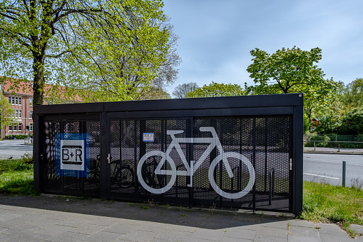 Hamburg, Germany - 05 04 2023: view of a lockable box with parking spaces for bicycles at a hamburg train station