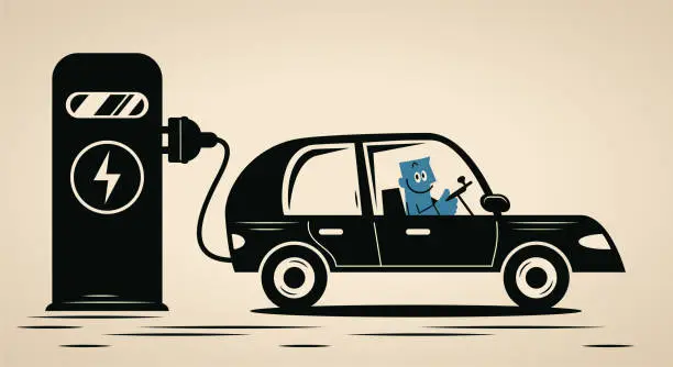 Vector illustration of A smiling blue man driving an electric car is charging at a charging station