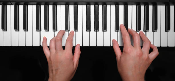 istock Playing the piano synthesizer on dark background 1495213206