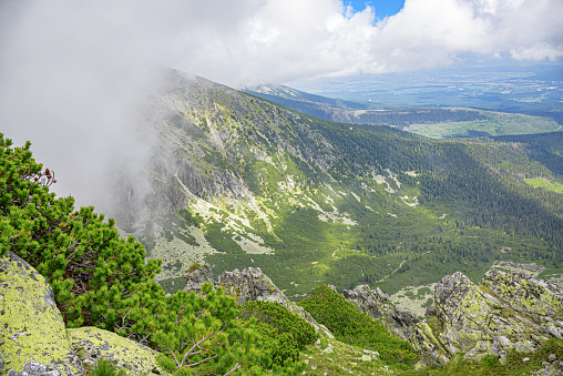 Summer aerial view of Snezka mountain summit in Krkonose mountains, Czechia/ Poland.