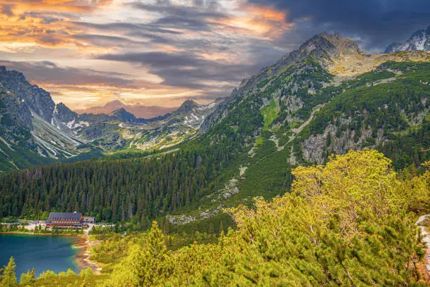 Picturesque panoramic view of Popradske Pleso, Tatra mountains, Slovakia. Lake Popradske pleso with mountain hotel in High Tatras.