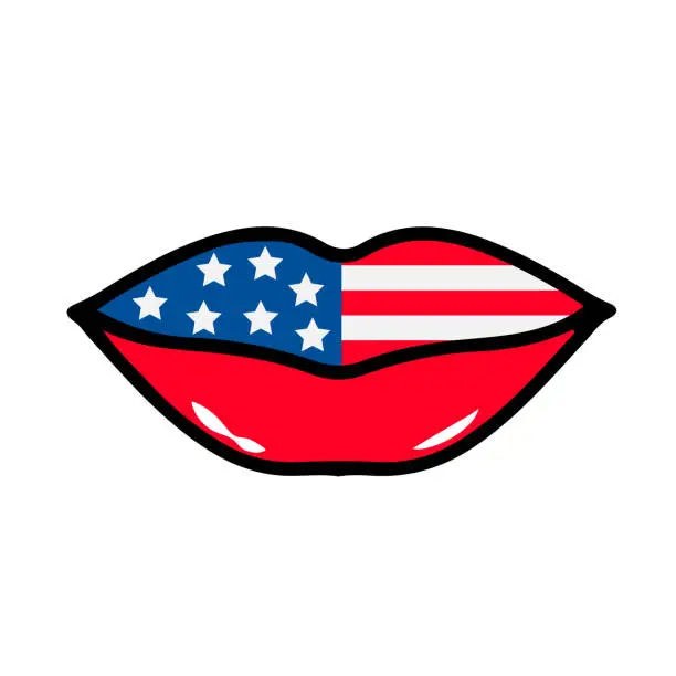 Vector illustration of American patriotic lips. 4th of July design. USA Independence Day of America. Vector template for greeting card, logo design, banner, flyer, sticker, postcard, etc